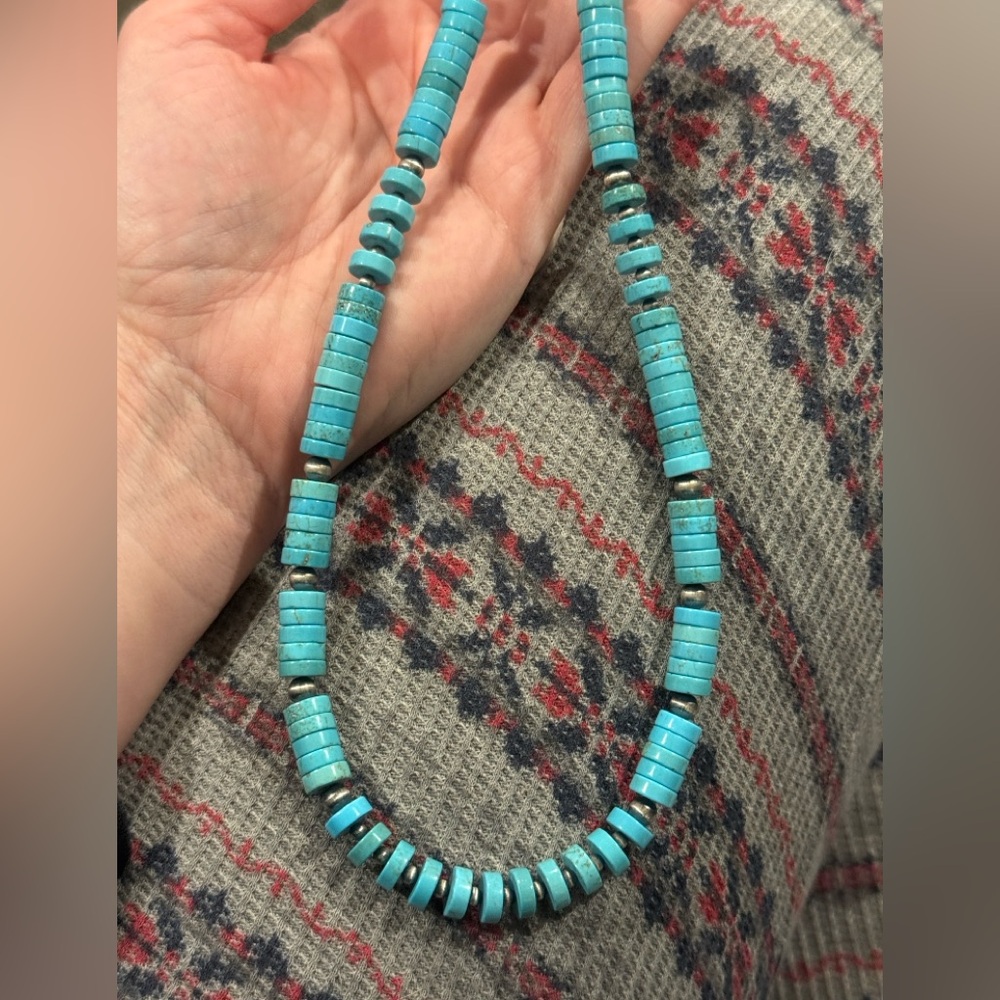 Native American Sterling Silver Navajo Pearl 8mm Turquoise HEISHI Necklace 19” - Picture 2 of 9